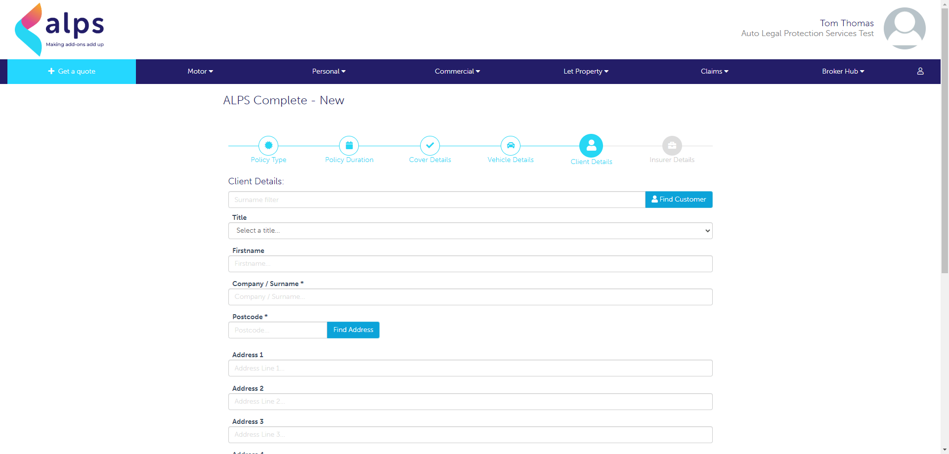 Alps Ltd | Insurance add-ons and support provider | New customer form
